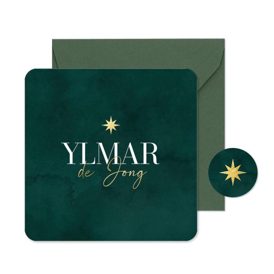 Geboortekaartje stijlvol waterverf ster winter goud groen - Kaartimpressie