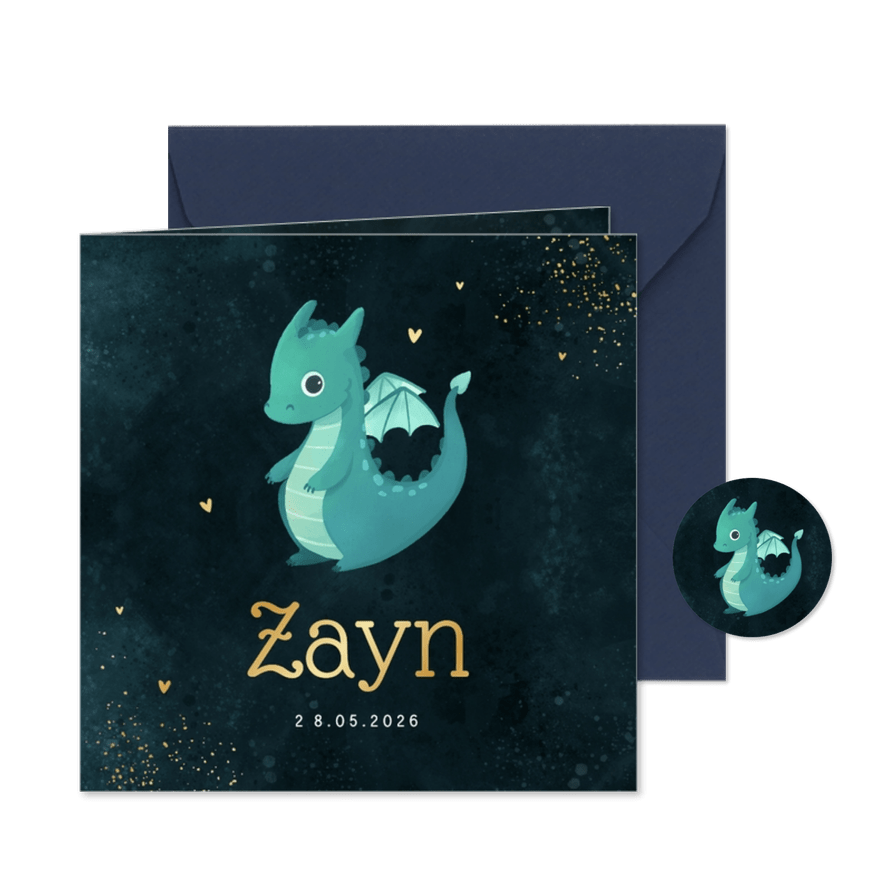 Geboortekaartje stoer draakje donkerblauw hartjes goud - Kaartimpressie