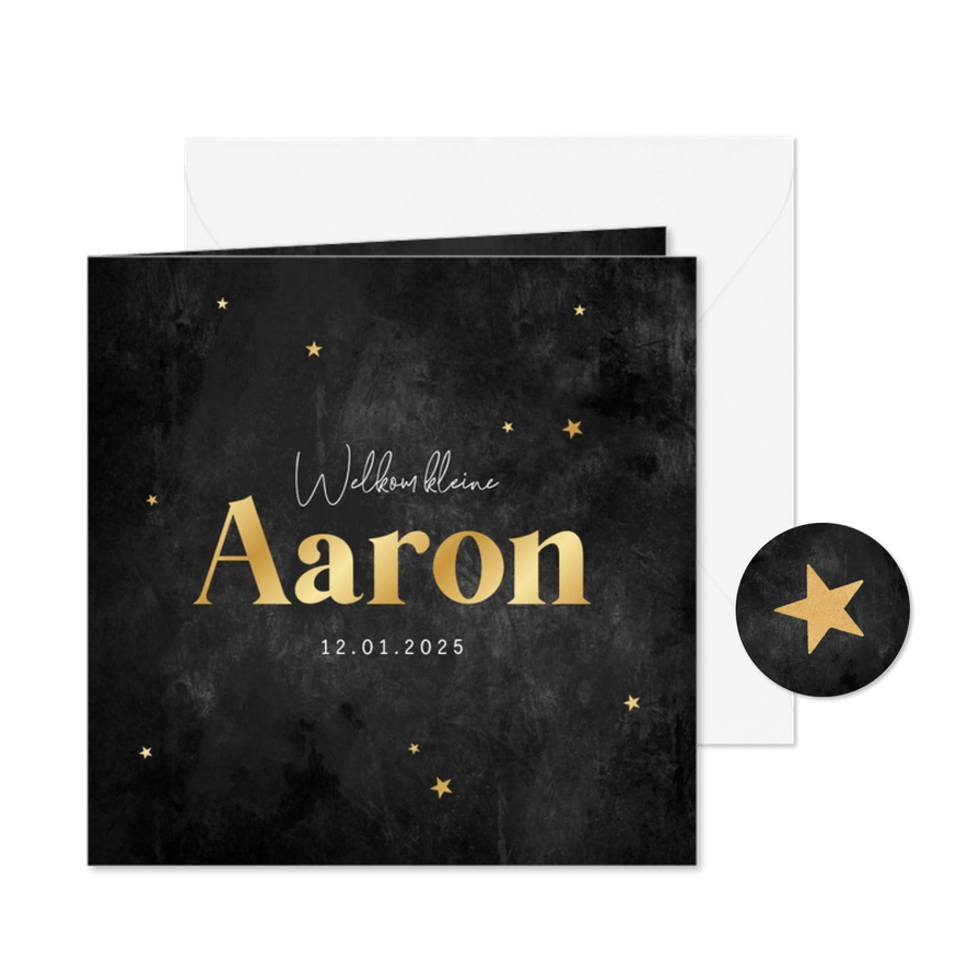 Geboortekaartje stoer goud sterren betonlook donker - Kaartimpressie