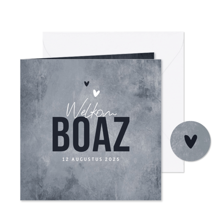 Geboortekaartje stoer jongen betonlook grijs hartjes - Kaartimpressie