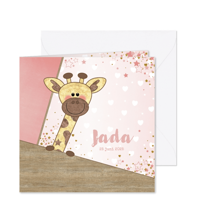 Geboortekaartje stoer kaartje met lief girafje en hartjes - Kaartimpressie
