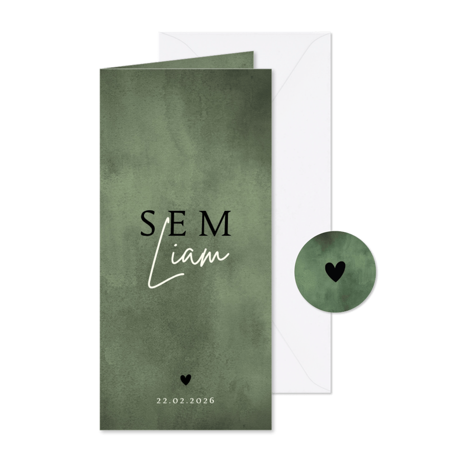 Geboortekaartje stoer met groene waterverf en hartje - Kaartimpressie