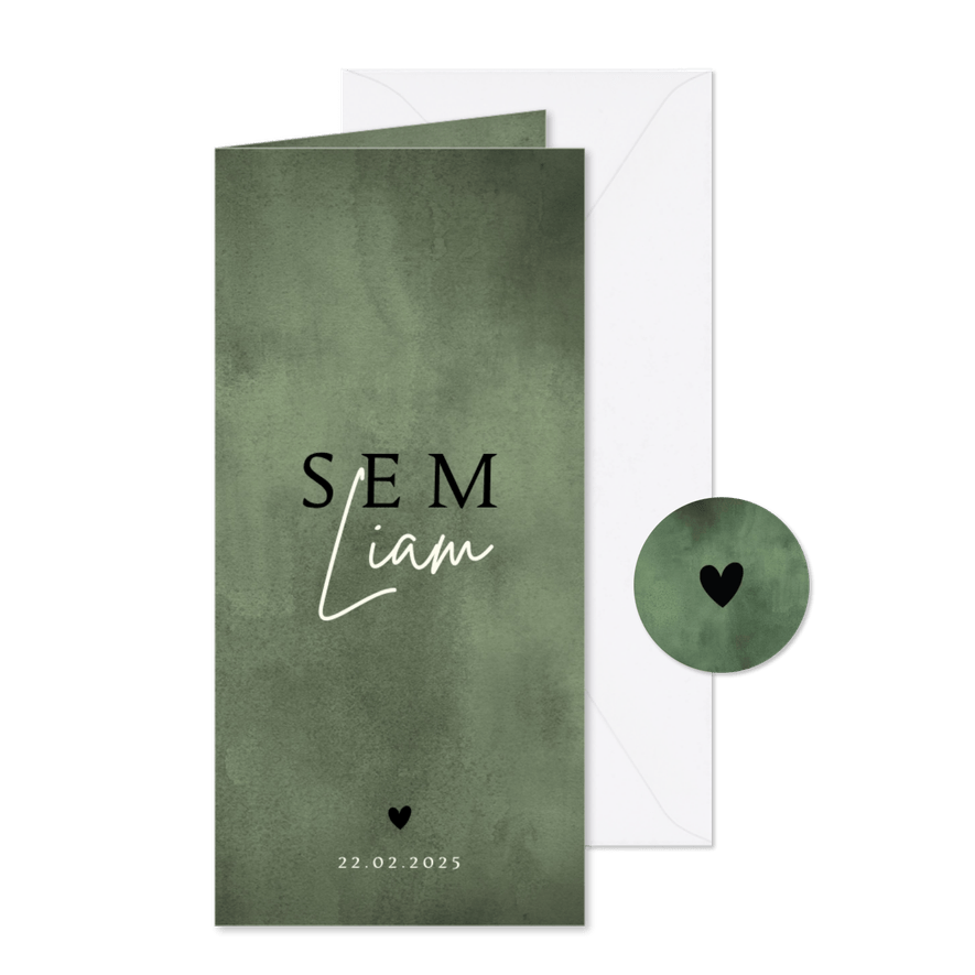 Geboortekaartje stoer met groene waterverf en hartje - Kaartimpressie