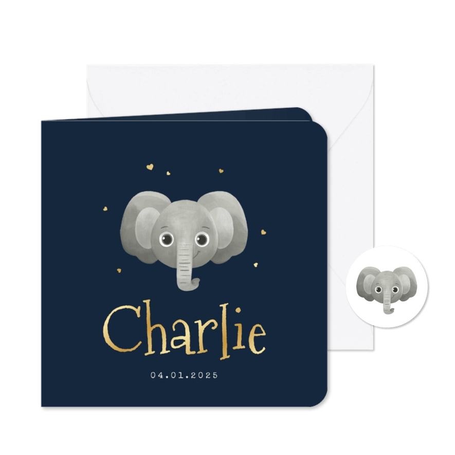 Geboortekaartje stoer olifant hoofdje hartjes goud - Kaartimpressie