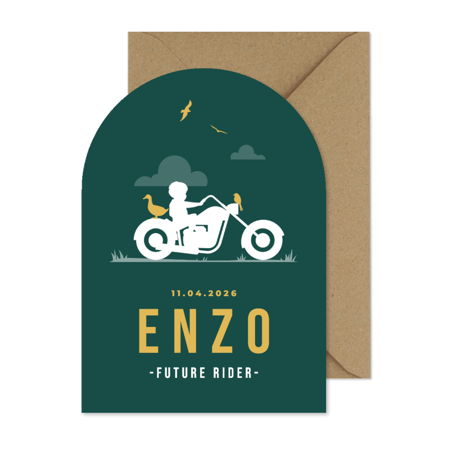 Geboortekaartje stoer silhouet motor jongen vogels - Kaartimpressie