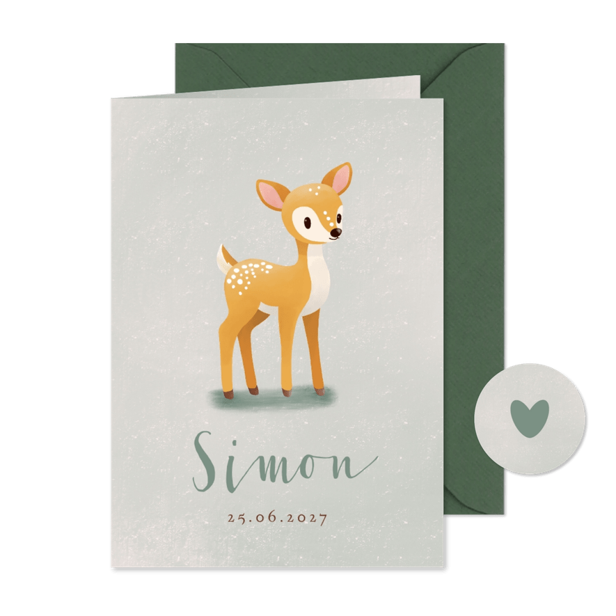 Geboortekaartje stoer staand hertje vintage achtergrond - Kaartimpressie