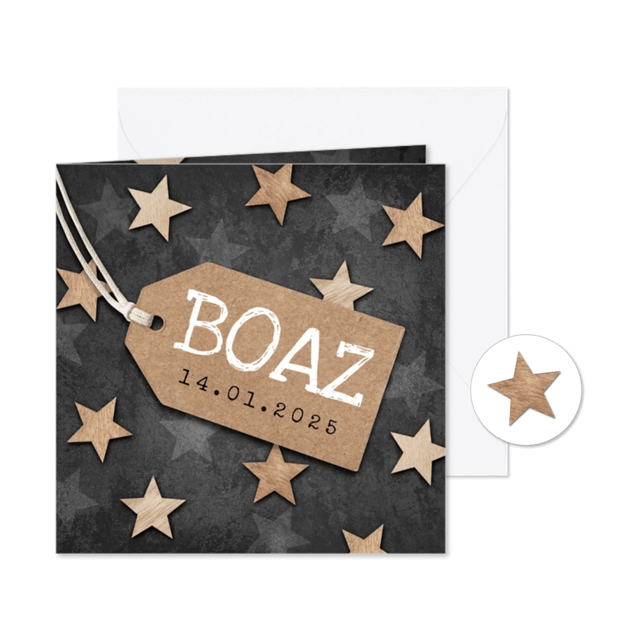 Geboortekaartje stoer sterren hout label - Kaartimpressie