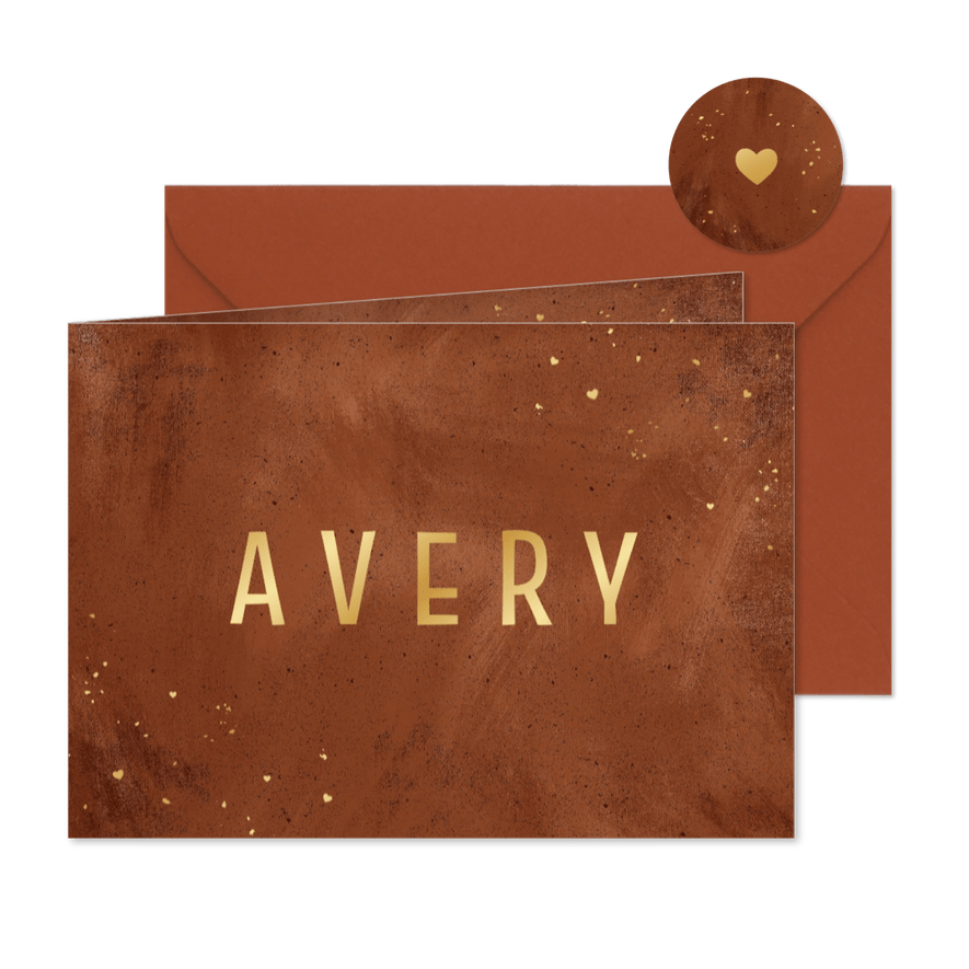 Geboortekaartje stoer terra cotta betonlook goud hartjes - Kaartimpressie