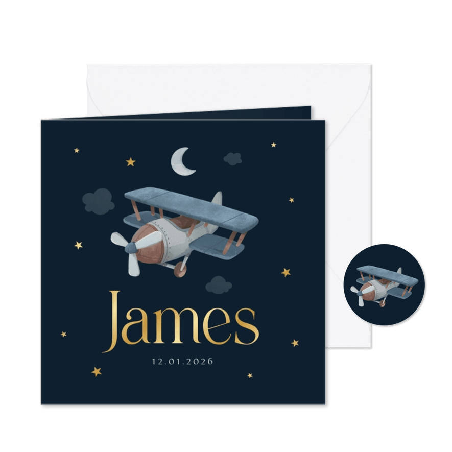 Geboortekaartje stoer vintage vliegtuig sterren goud - Kaartimpressie