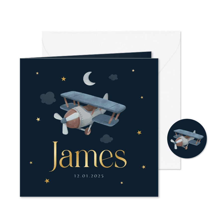 Geboortekaartje stoer vintage vliegtuig sterren goud - Kaartimpressie