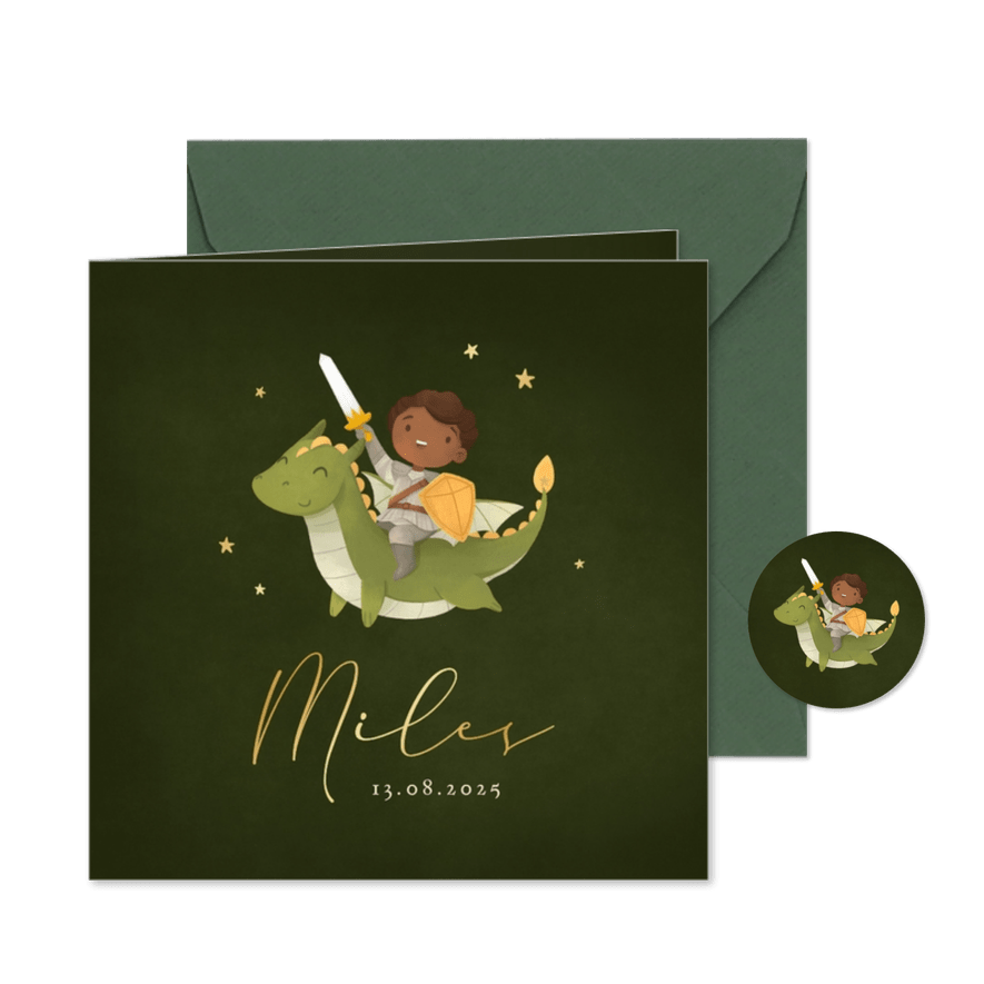 Geboortekaartje stoere ridder op een draakje sterretjes - Kaartimpressie