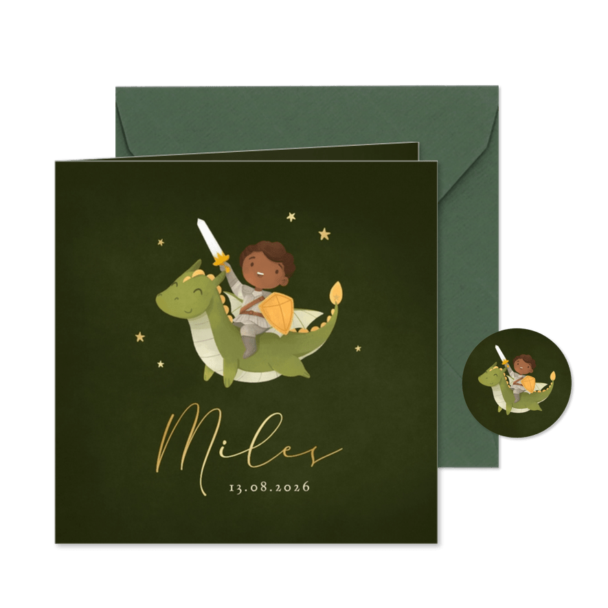 Geboortekaartje stoere ridder op een draakje sterretjes - Kaartimpressie