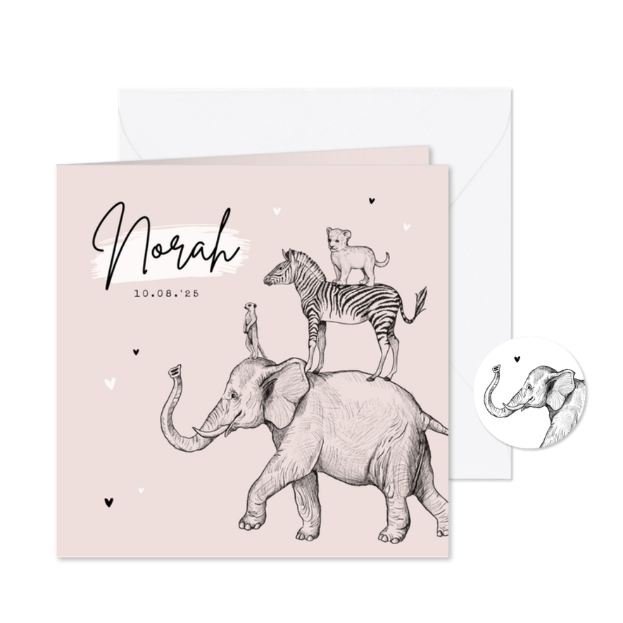 Geboortekaartje stokstaartje olifant leeuw zebra jungle - Kaartimpressie