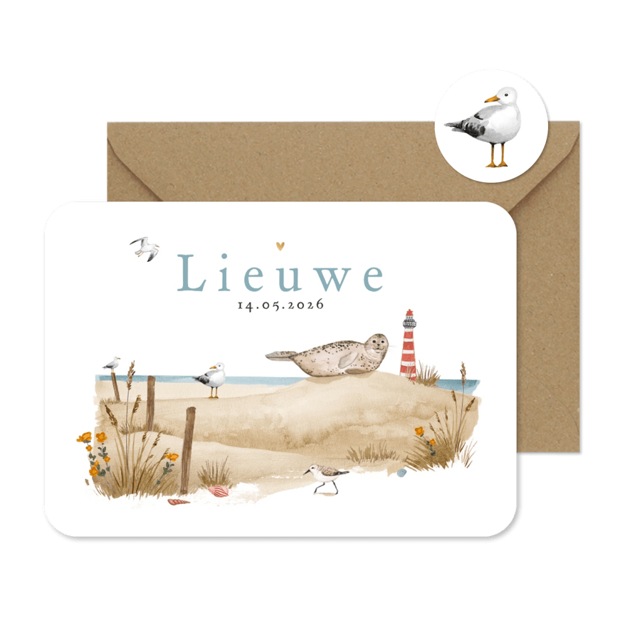 Geboortekaartje strand dieren vuurtoren zee vogels schelpen - Kaartimpressie