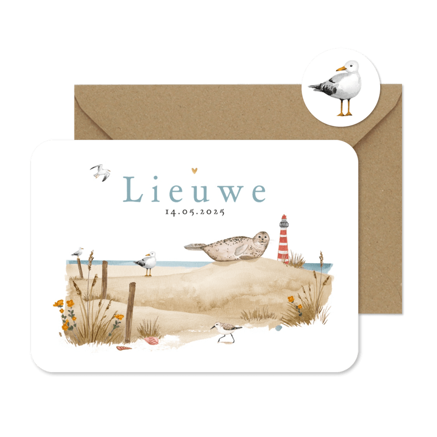 Geboortekaartje strand dieren vuurtoren zee vogels schelpen - Kaartimpressie