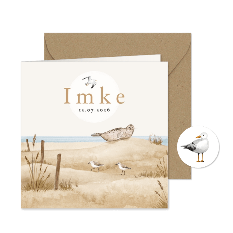 Geboortekaartje strand zee dieren vogels zeehond unisex - Kaartimpressie