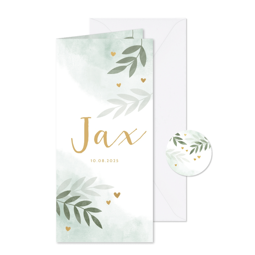 Geboortekaartje takjes gouden hartjes waterverf mintgroen - Kaartimpressie