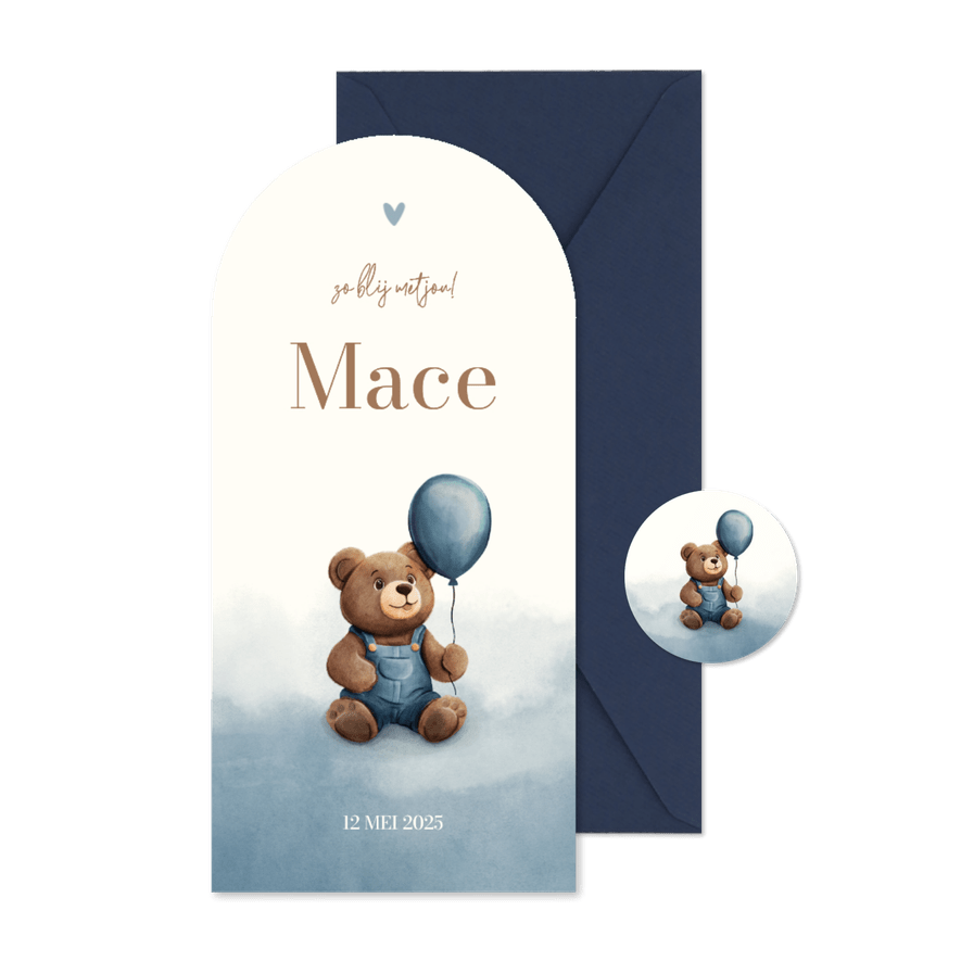 Geboortekaartje teddybeer boog met ballon blauwe waterverf - Kaartimpressie