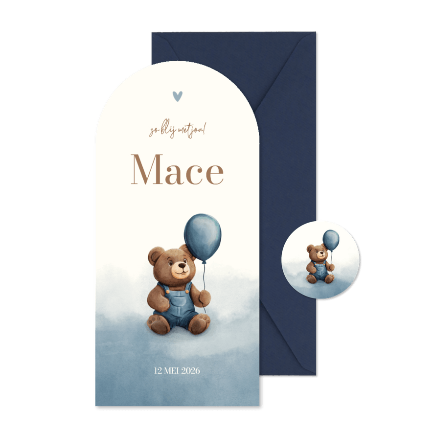Geboortekaartje teddybeer boog met ballon blauwe waterverf - Kaartimpressie