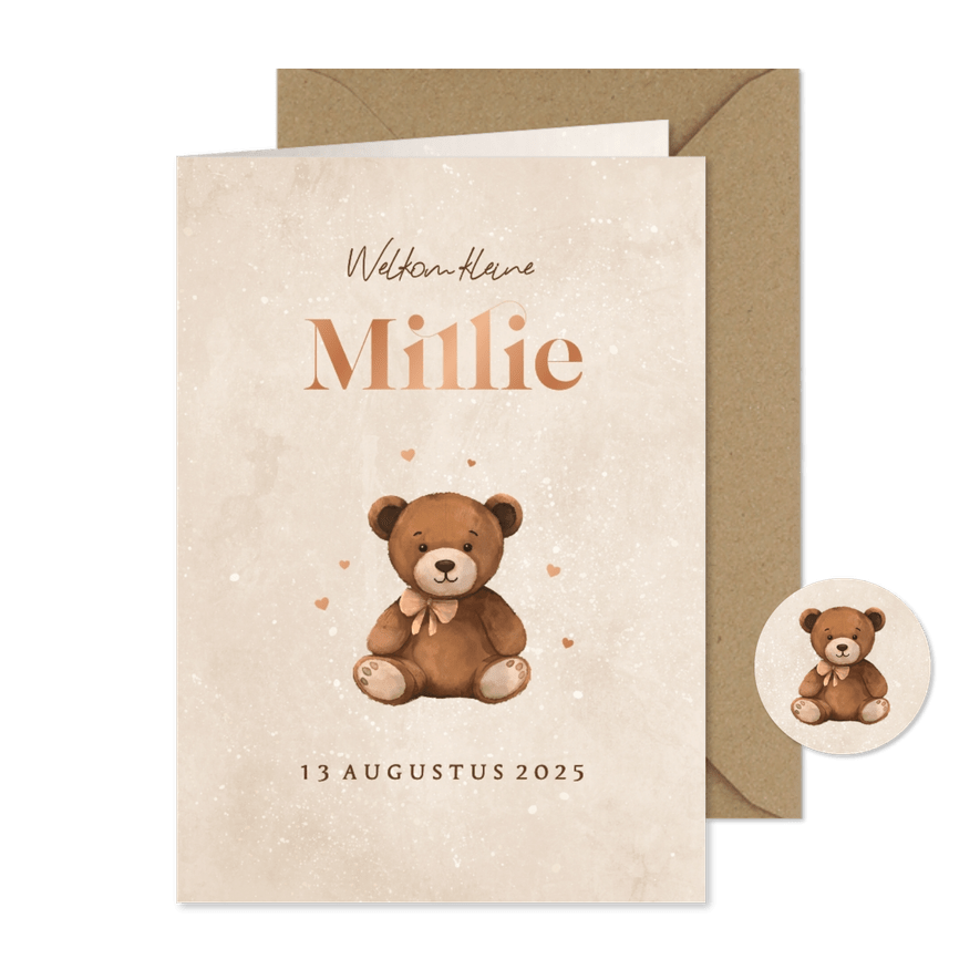 Geboortekaartje teddybeertje hartjes neutraal koper - Kaartimpressie