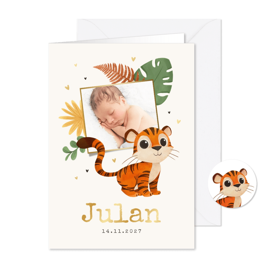Geboortekaartje tijger jungle hartjes foto goud - Kaartimpressie