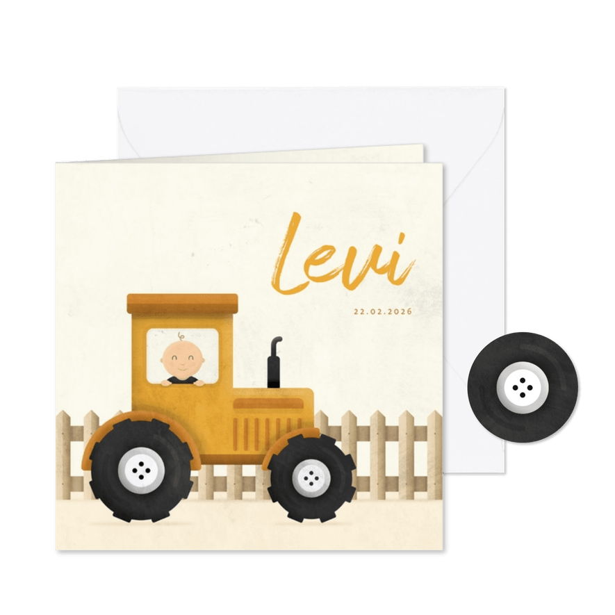 Geboortekaartje tractor met baby en hekje - Kaartimpressie