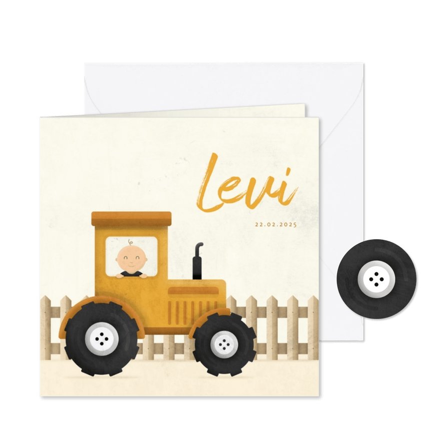 Geboortekaartje tractor met baby en hekje - Kaartimpressie