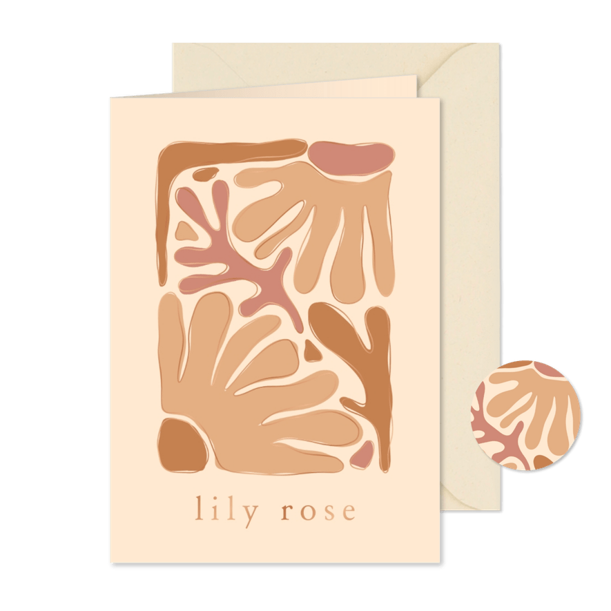 Geboortekaartje trendy abstracte bloemen met koperfolie - Kaartimpressie