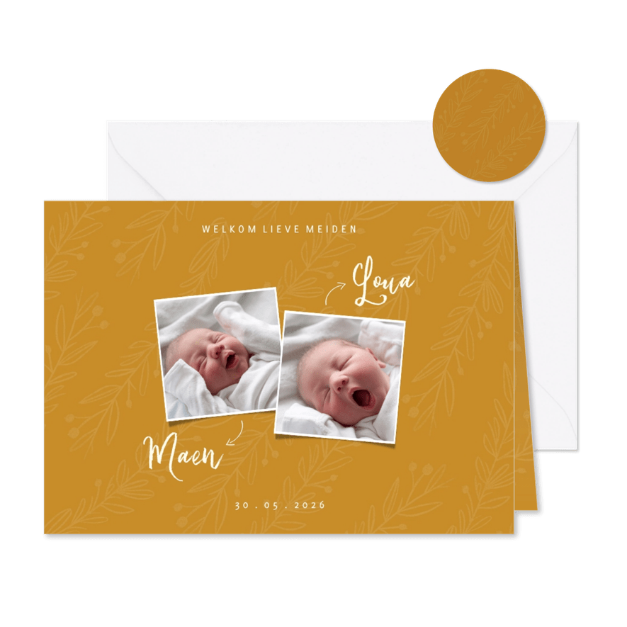 Geboortekaartje trendy oker tweeling met foto's en takjes - Kaartimpressie