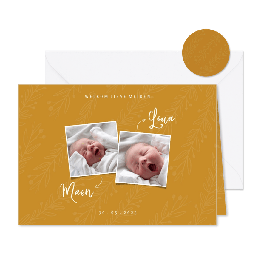 Geboortekaartje trendy oker tweeling met foto's en takjes - Kaartimpressie
