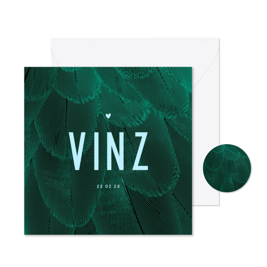 Geboortekaartje trendy veren groen met blauw - Kaartimpressie