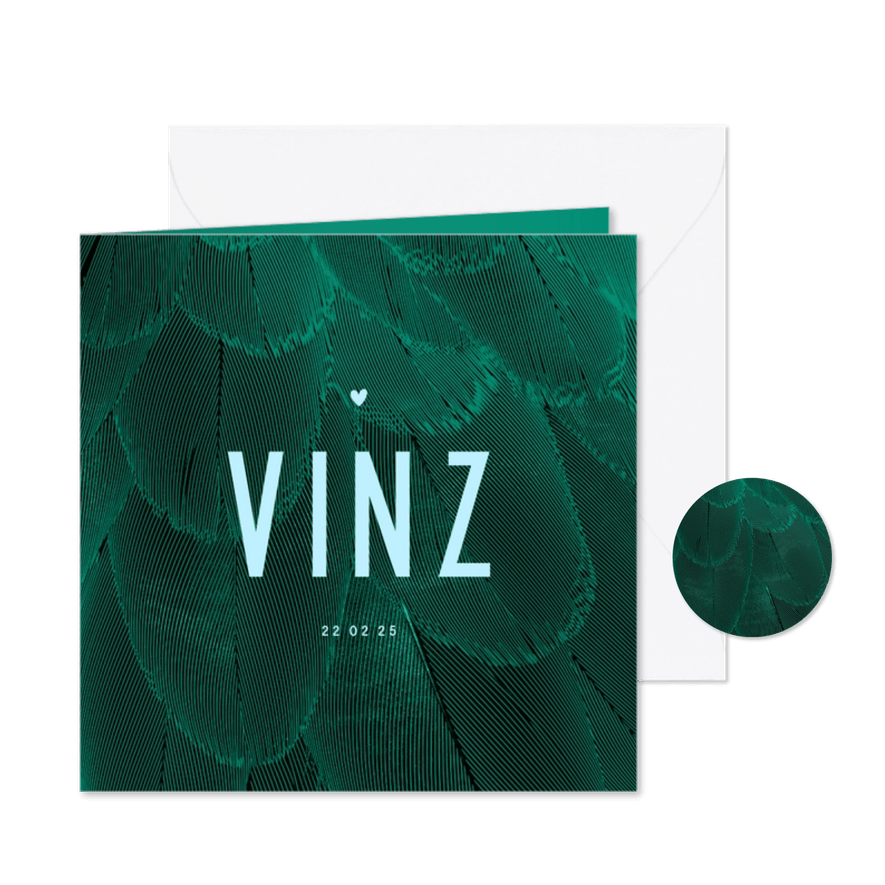 Geboortekaartje trendy veren groen met blauw - Kaartimpressie