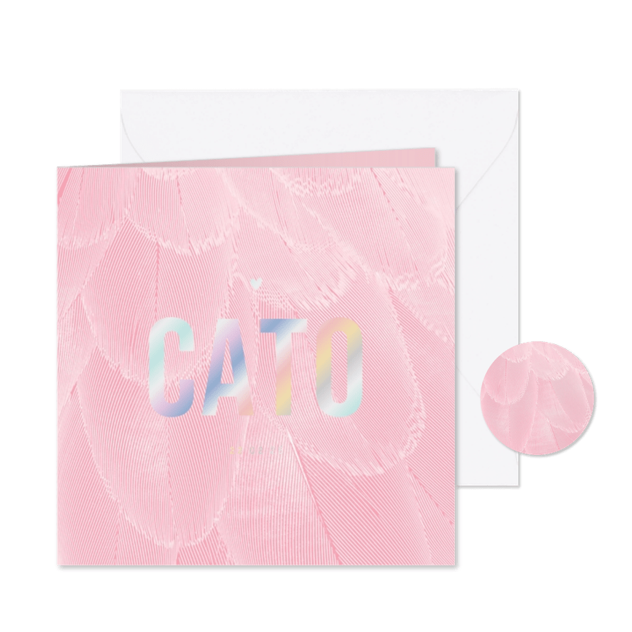 Geboortekaartje trendy veren roze met rood - Kaartimpressie
