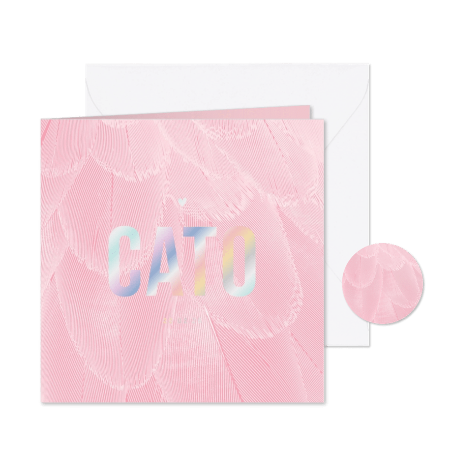 Geboortekaartje trendy veren roze met rood - Kaartimpressie