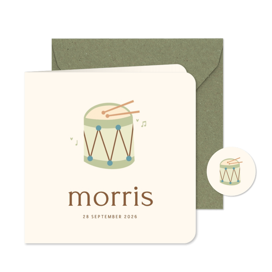 Geboortekaartje trommel stokjes muzieknootjes groen - Kaartimpressie