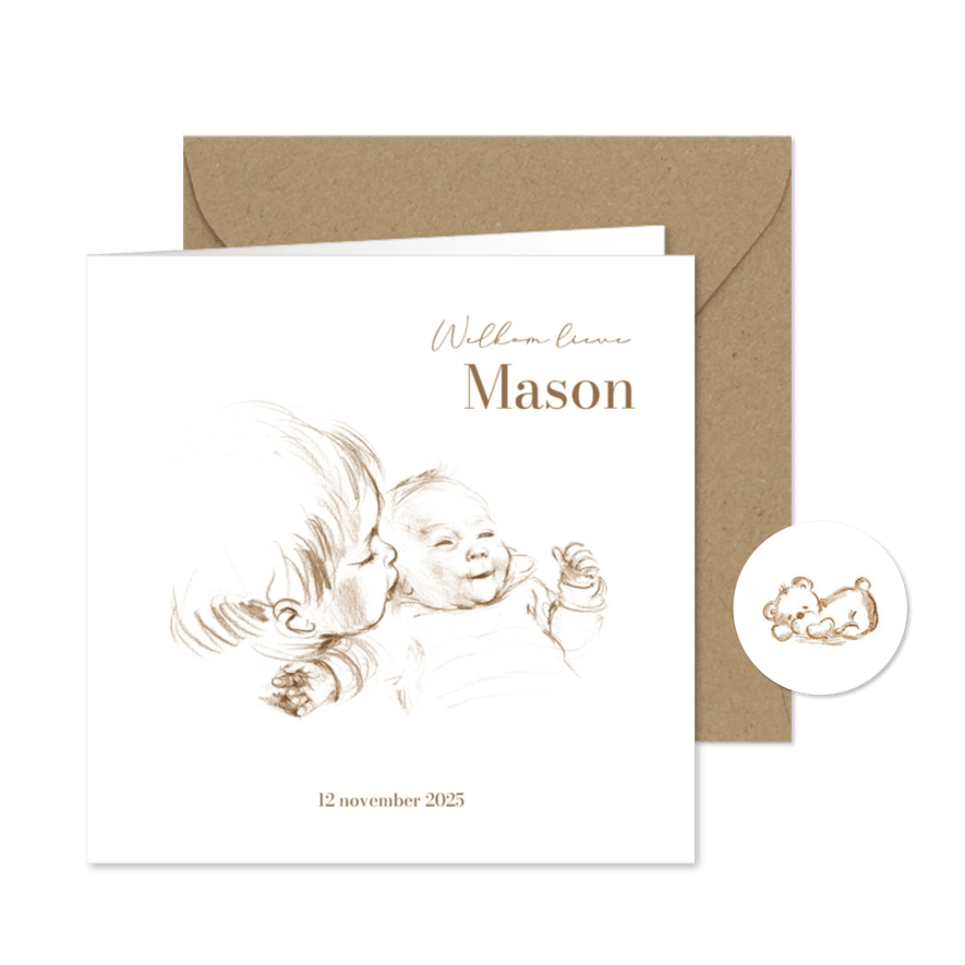 Geboortekaartje tweede kindje pentekening sepia - Kaartimpressie