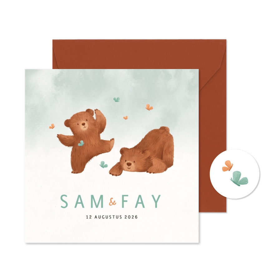 Geboortekaartje tweeling beren waterverf vlinders dieren - Kaartimpressie