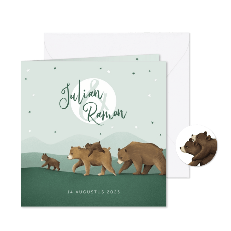 Geboortekaartje tweeling dieren beren familie sterren - Kaartimpressie
