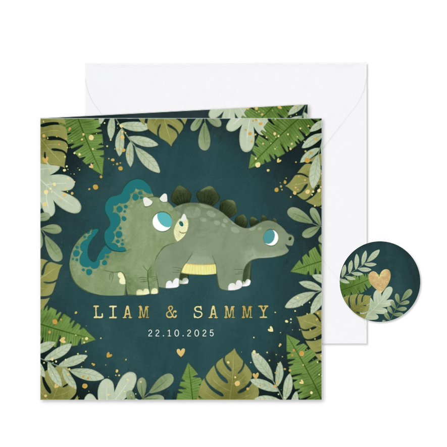 Geboortekaartje tweeling dino's jungleplantjes en hartjes - Kaartimpressie