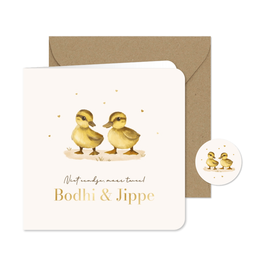 Geboortekaartje tweeling eendjes lief goud hartjes - Kaartimpressie