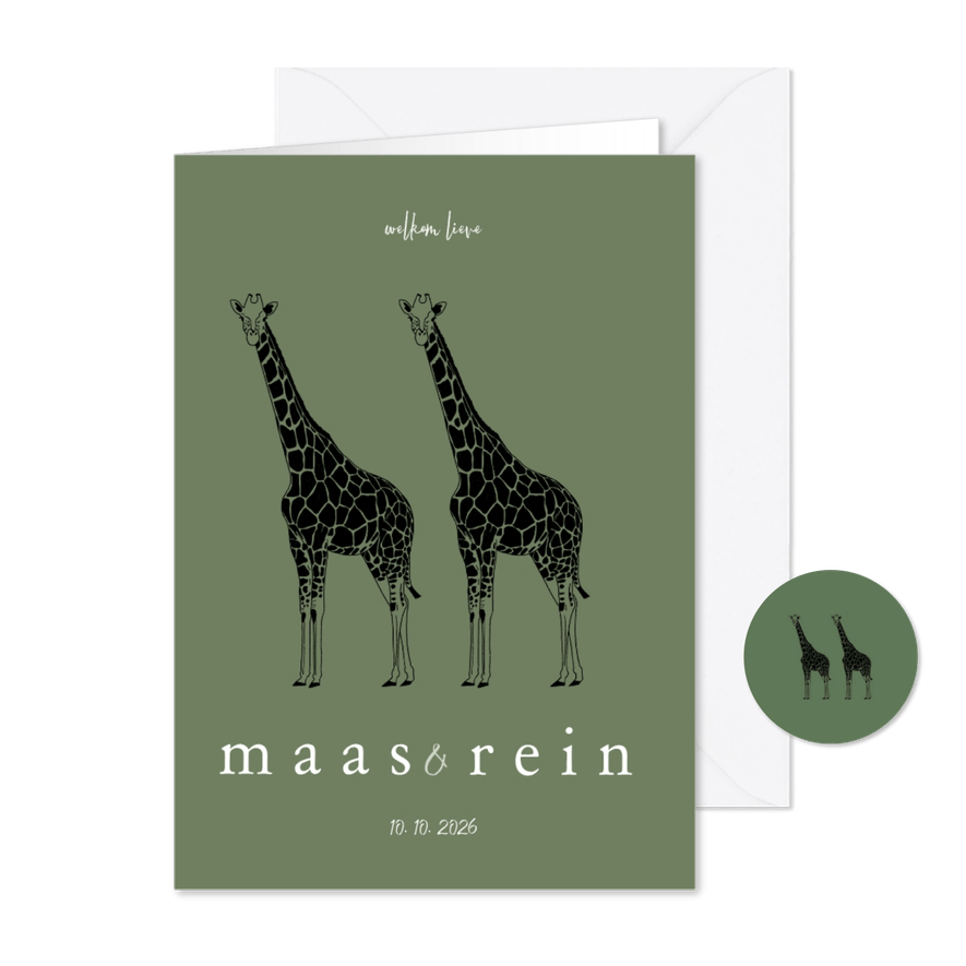 Geboortekaartje tweeling giraffen lijntekening - Kaartimpressie