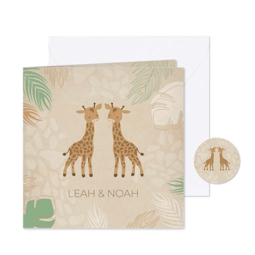 Geboortekaartje tweeling groene blaadjes met giraf - Kaartimpressie