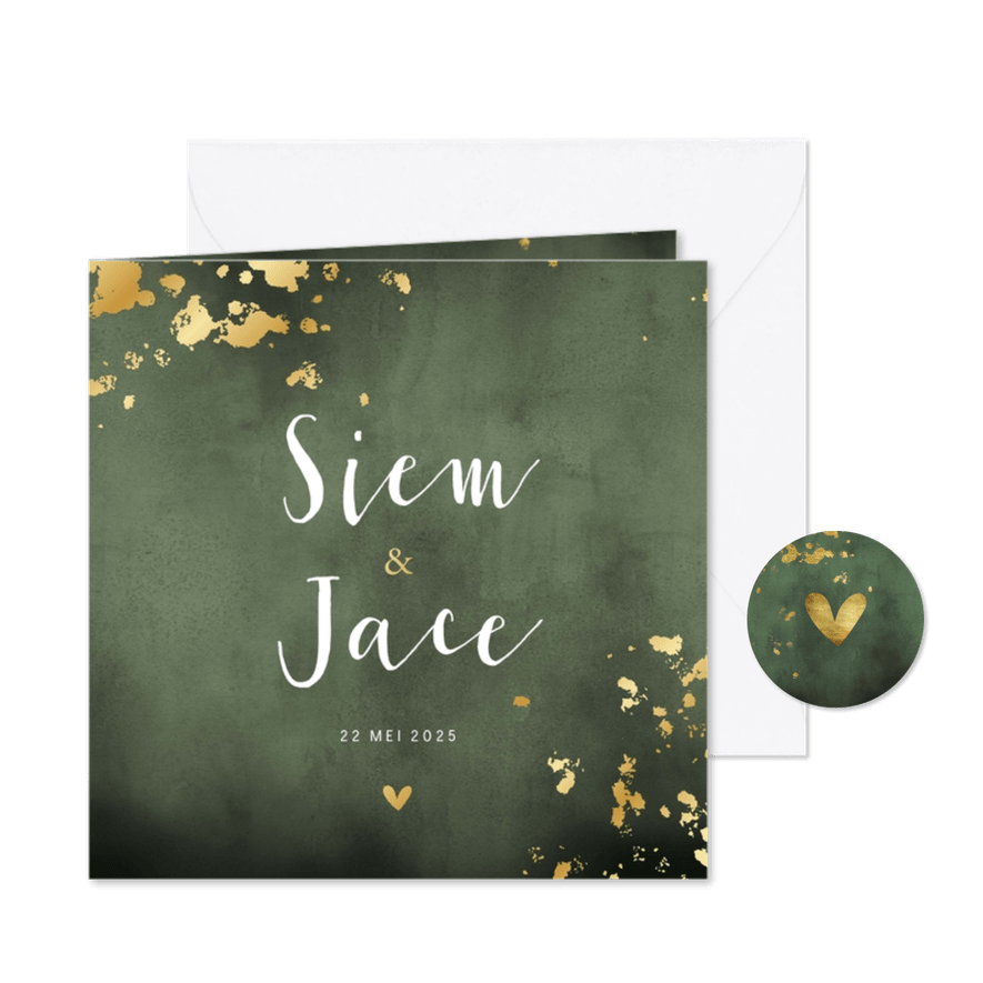 Geboortekaartje tweeling groene waterverf gouden spetters - Kaartimpressie