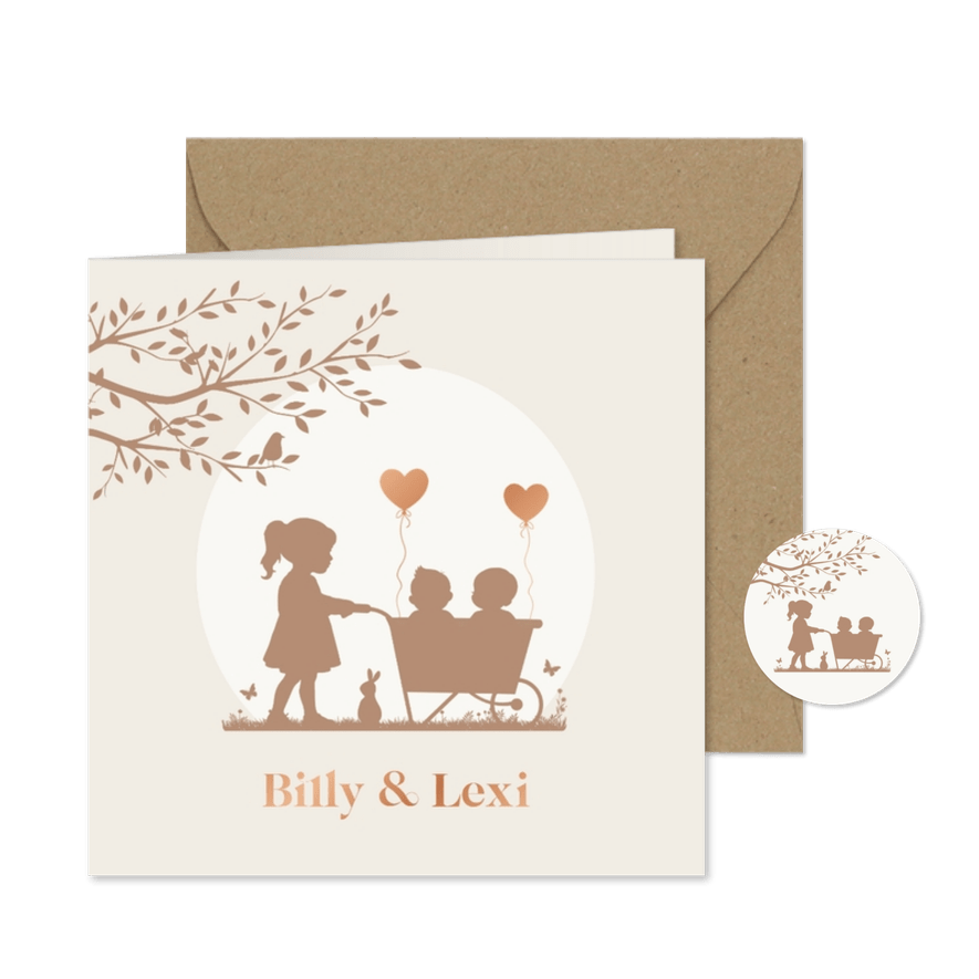 Geboortekaartje tweeling in kruiwagen met zusje  - Kaartimpressie