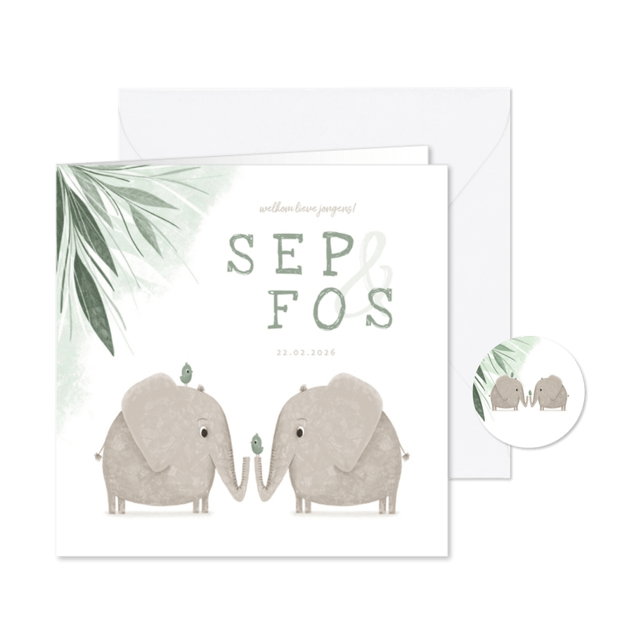 Geboortekaartje tweeling jongens met olifantjes en vogels - Kaartimpressie