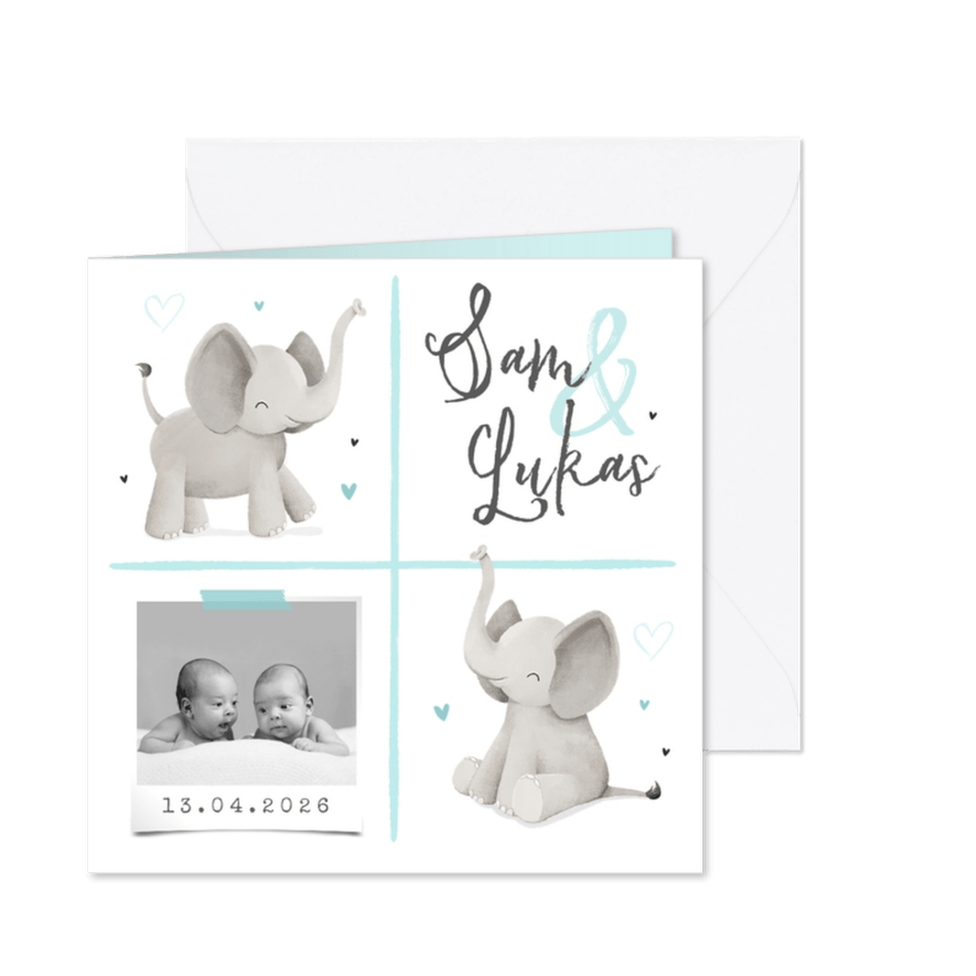 Geboortekaartje tweeling jongens olifantjes hartjes foto - Kaartimpressie