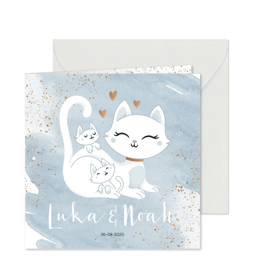 Geboortekaartje tweeling jongens poesje kat kitten waterverf - Kaartimpressie