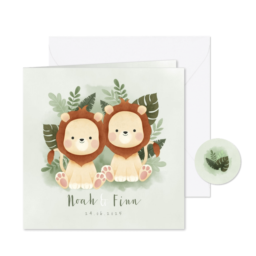 Geboortekaartje tweeling jongetje leeuwtjes jungleblad - Kaartimpressie
