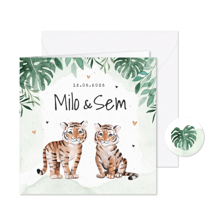 Geboortekaartje tweeling jungle tijger waterverf groen  - Kaartimpressie