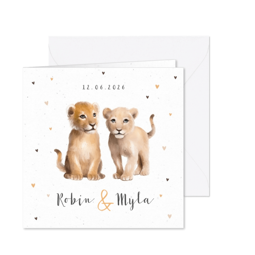 Geboortekaartje tweeling leeuw hartjes - Kaartimpressie